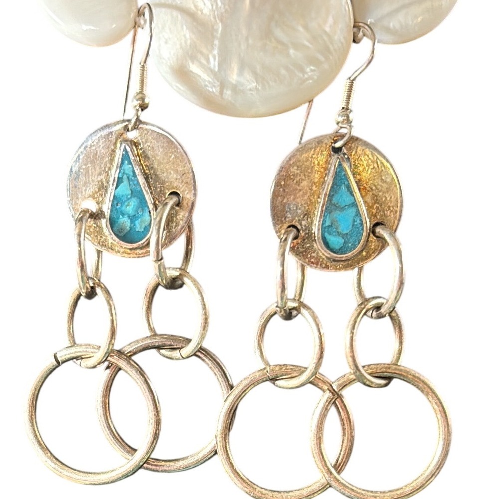 Vintage Taxco Mexico Silver Turquoise Teardrop Inlay Tiered Ring Dangle Earrings